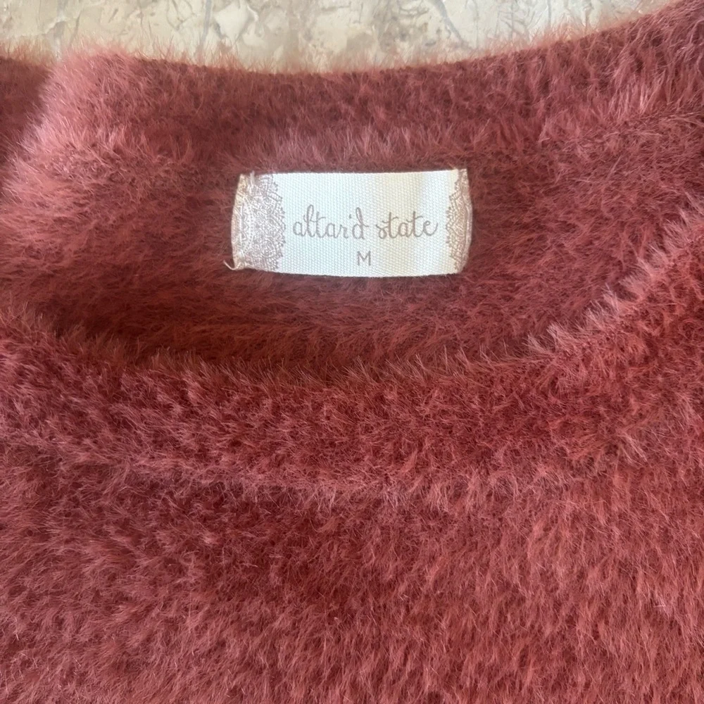 Altar’d State Fuzzy Cropped Short Sleeve Sweater Top Size M Rust Brown Soft Cozy